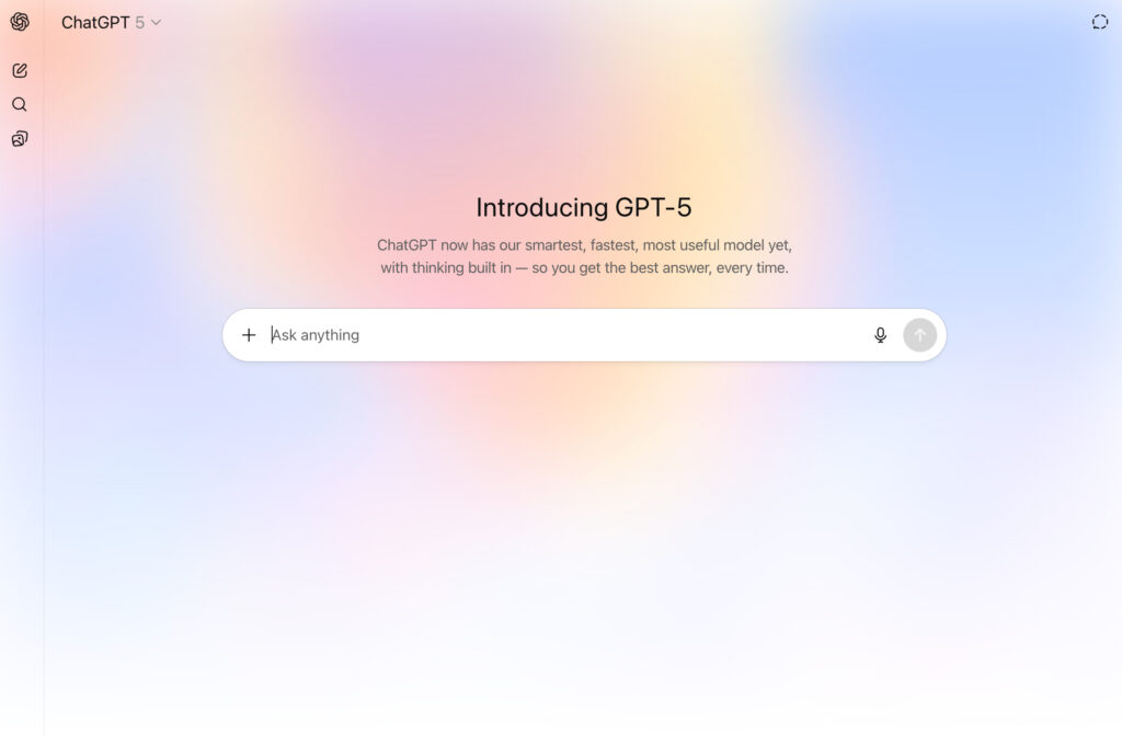A screenshot of the main ChatGPT prompt interface, with the GPT-5 model selected. 
